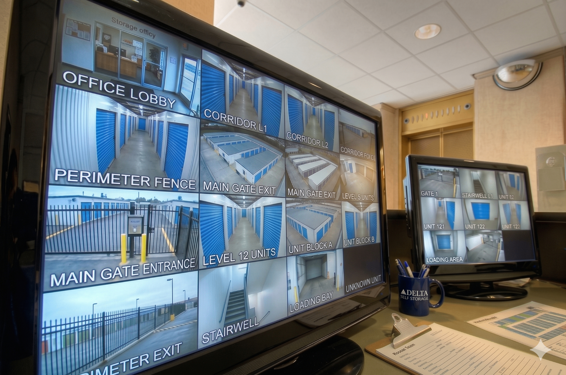 On-site manager monitoring 22 security cameras